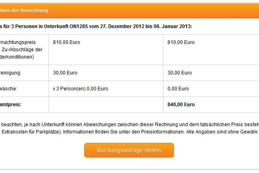 Ergebnis für die Preisberechnung bei der Suche nach Unterkünften